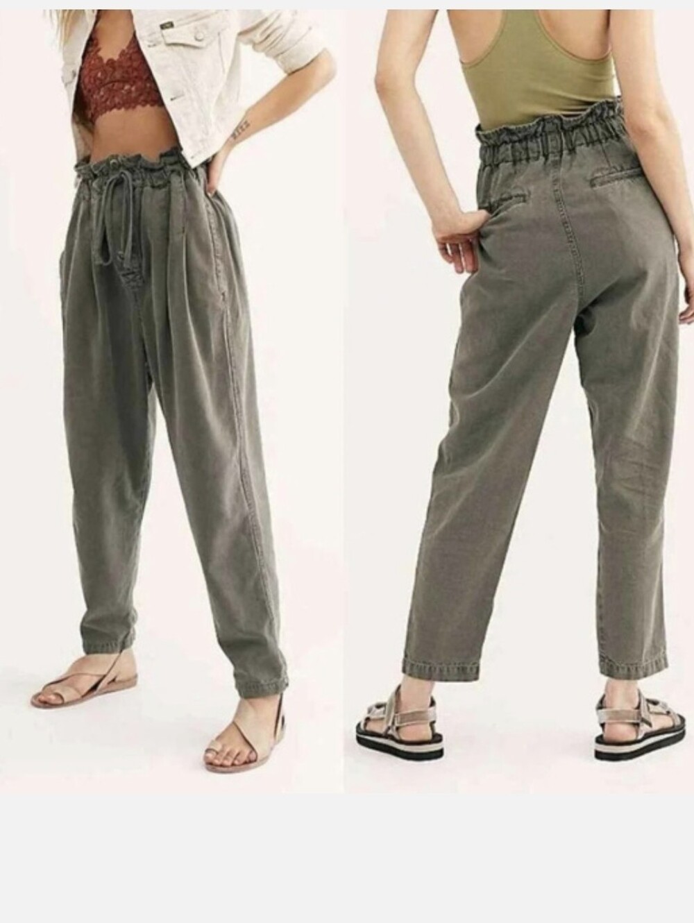 Free People Olive Paperbag Waist Tapered Trousers